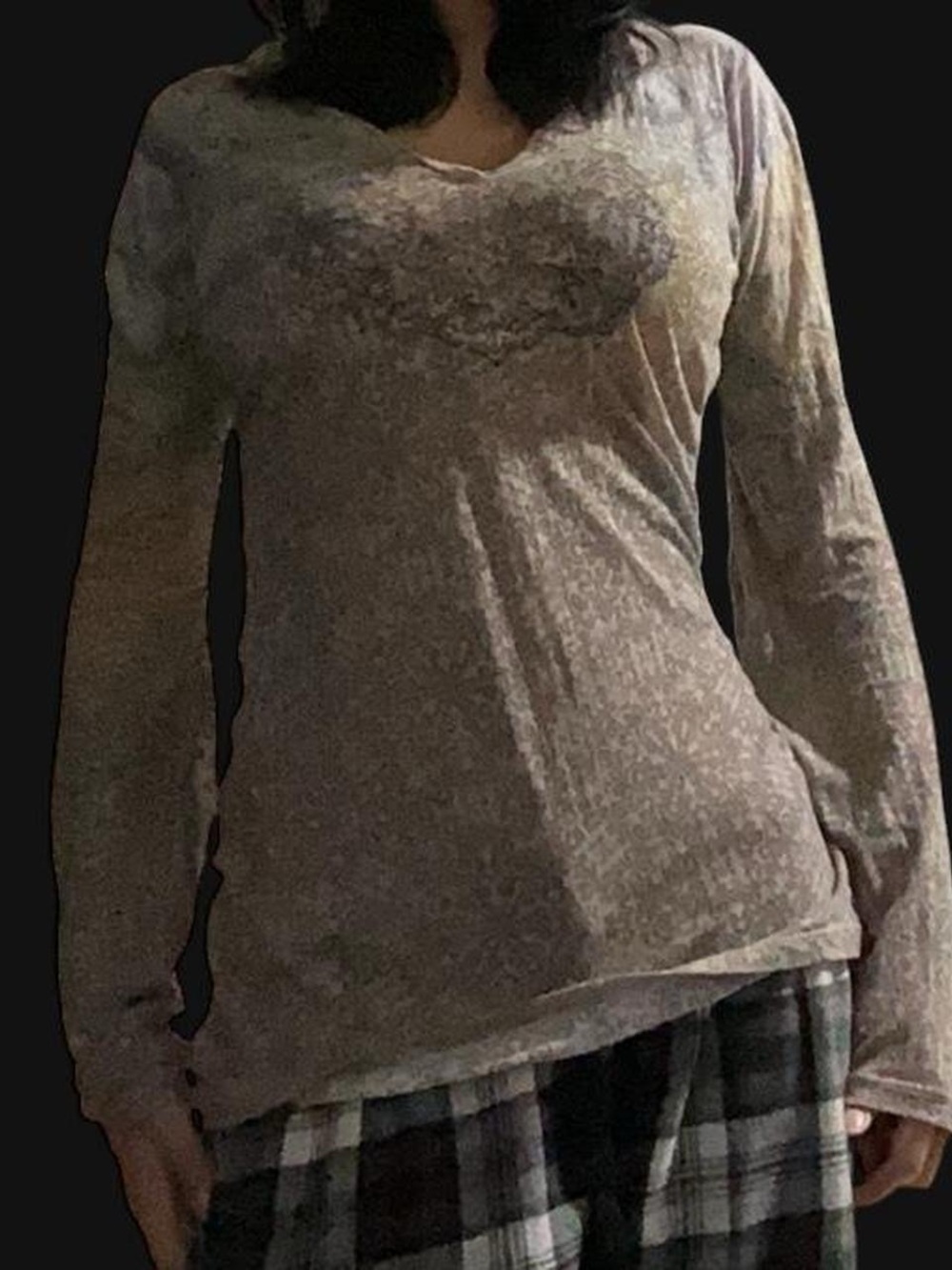 Long Sleeve V-Neck Womenโs Top in Heather Gray and multicolored boho style